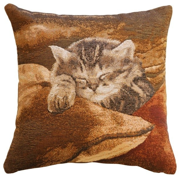 Pillow Decor - Sleeping Cat in Brown 14 x 14 Throw Pillow