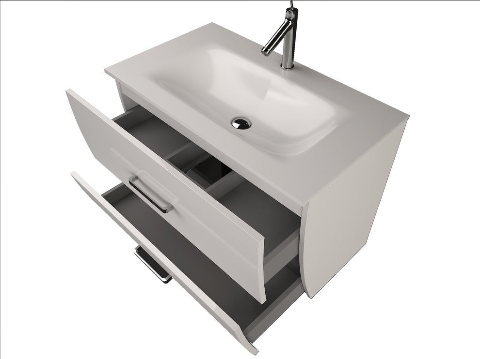 Wave Bathroom Vanity Gloss and Matte Sink Console, White, 32", Without Mirror