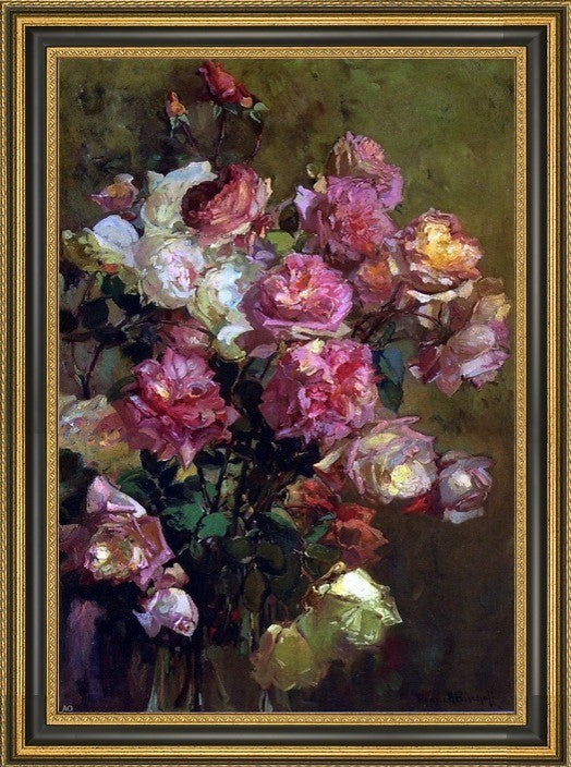 Franz Bischoff a Glass Vase full of Roses Framed Premium Canvas Print, 16"x24"