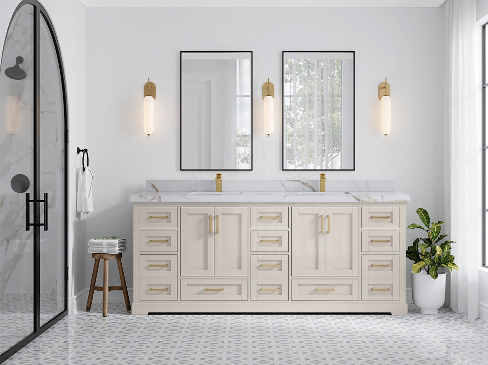 Boston 84" Double Sink Bath Vanity in Fine Grain 2" Calacatta Gold