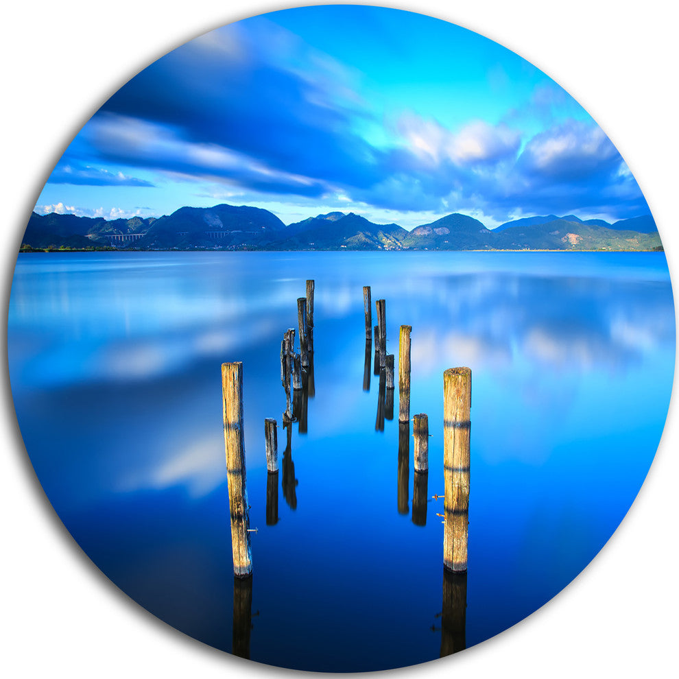 Wooden Pier Remains In Blue Sea, Seascape Photo Disc Metal Artwork, 11"