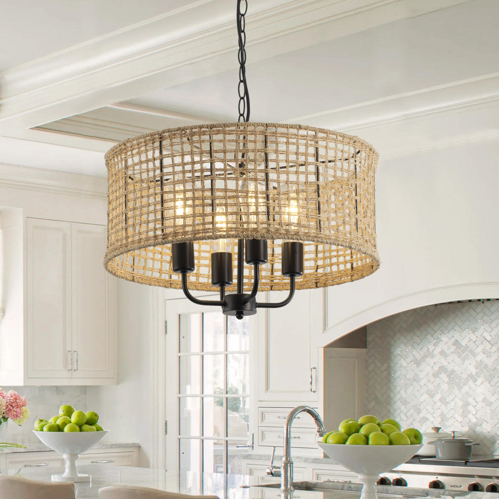 Vintage 4-Light Unique Hemp Rope Pendant Lighting Fixture