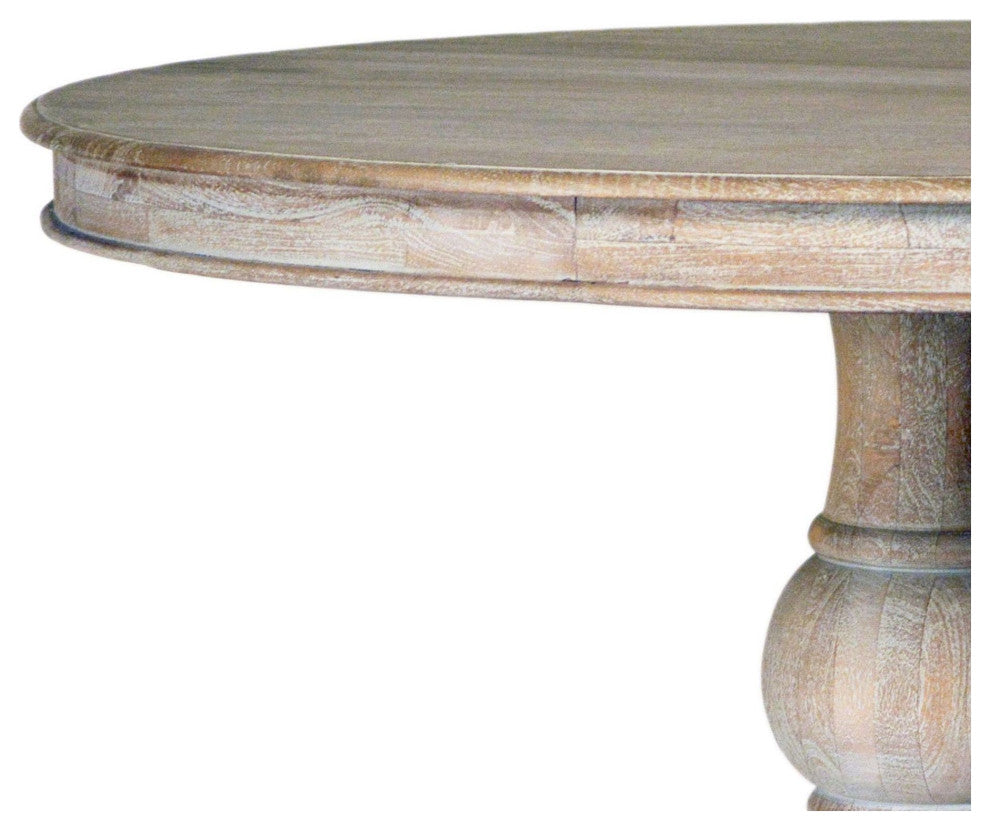 Auturo 47" Round Mango Wood Hand Carved Pedestal Light Wash Finish Dining Table