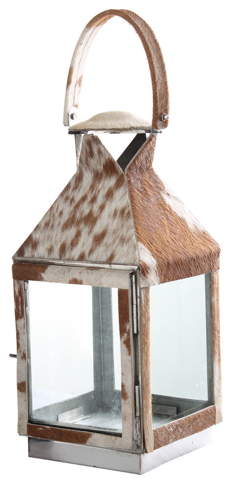 SAFARI Cowhide Lantern, Silver Metal with Cowhide Accents