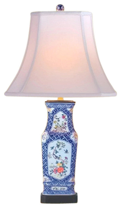 Chinese Porcelain Famille Rose Blue and White Square Vase Table Lamp 28"