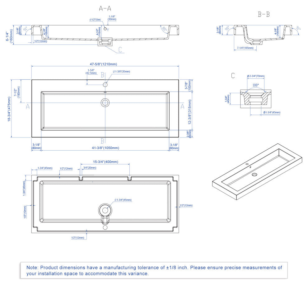 Dowell 18" FTB Resin Bathroom Vanity Basin, White, 48wx18dx6h Wide Bowl