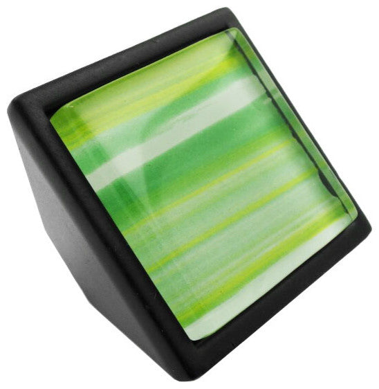 Hand Brushed Yellow Green Stripes Crystal Glass Black Metal Square Frustum Knob