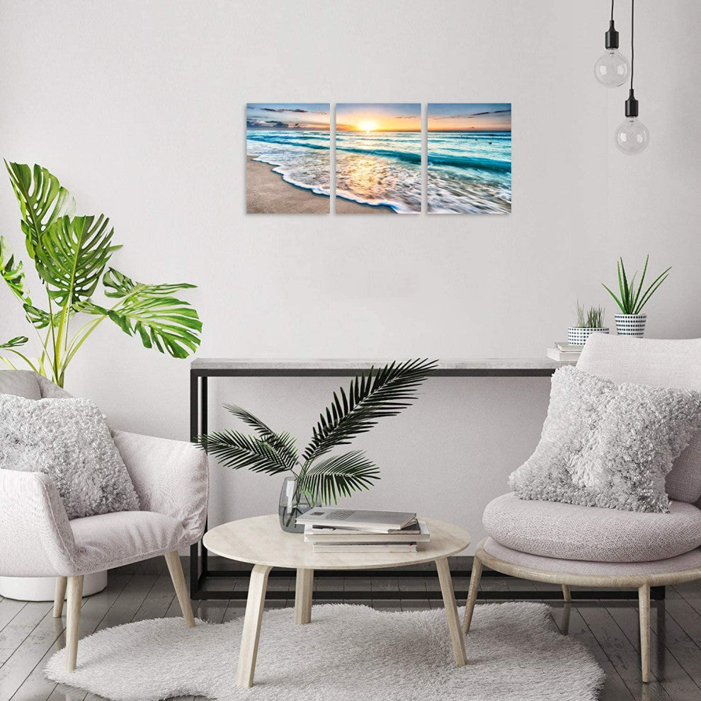 3-Panel White Beach Canvas Wall Art for Home Decor Blue Sea Sunset