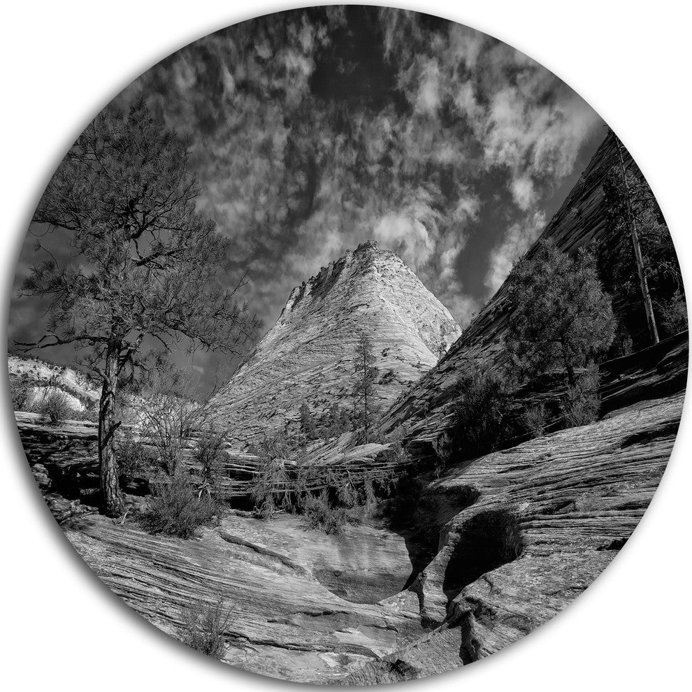 Layers Of Red Rock Gray With Clouds, Landscape Disc Metal Artwork, 23"