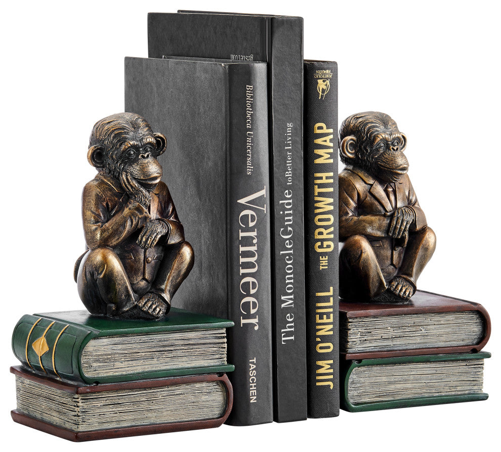 Danya B. Monkeys on Books Polyresin Antique Patina Finish Bookend Set of 2