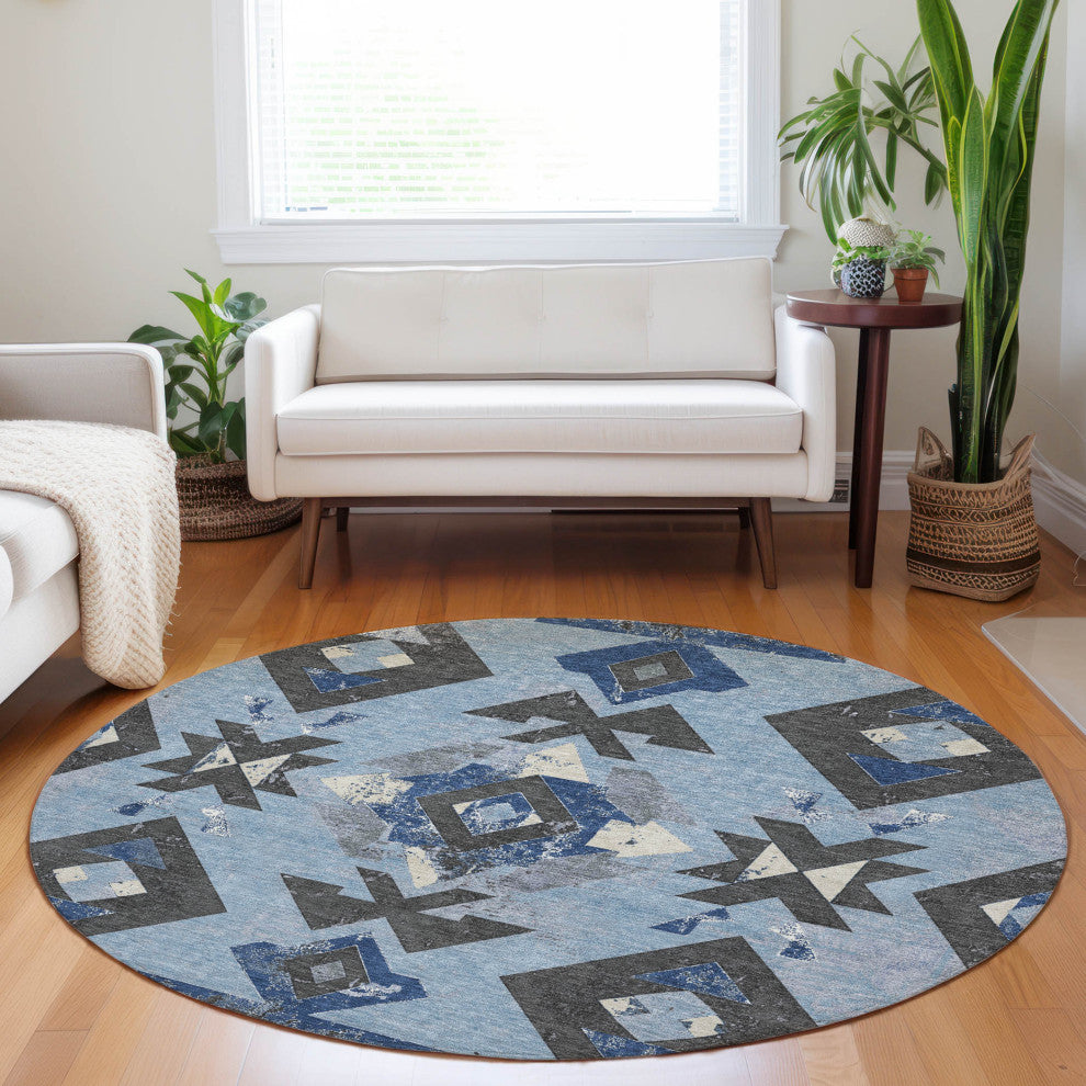Machine Washable Indoor/Outdoor Chantille ACN1882 Blue 8' x 8' Round Rug