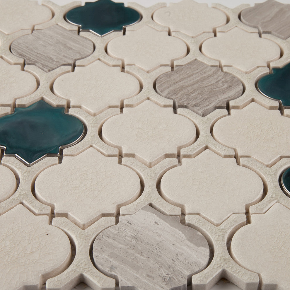 12"x11"Crackled Glass, Stone and Metal Mosaic Tile, Chrome, Arabesque, Sample