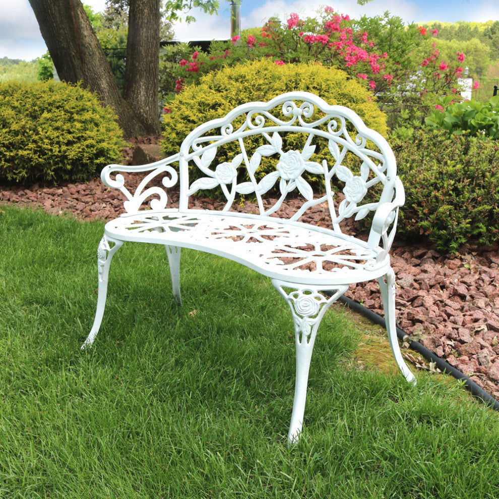 Sunnydaze 2-Person Classic Rose Cast Aluminum White Outdoor Patio Garden Bench
