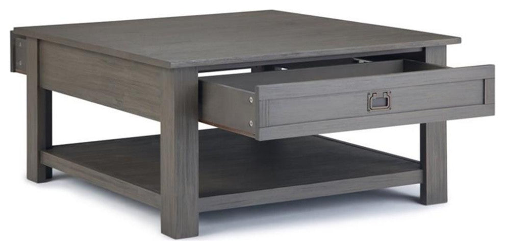 Monroe Solid Acacia Wood 38" Wide Square Rustic Coffee Table In Farmhouse Grey