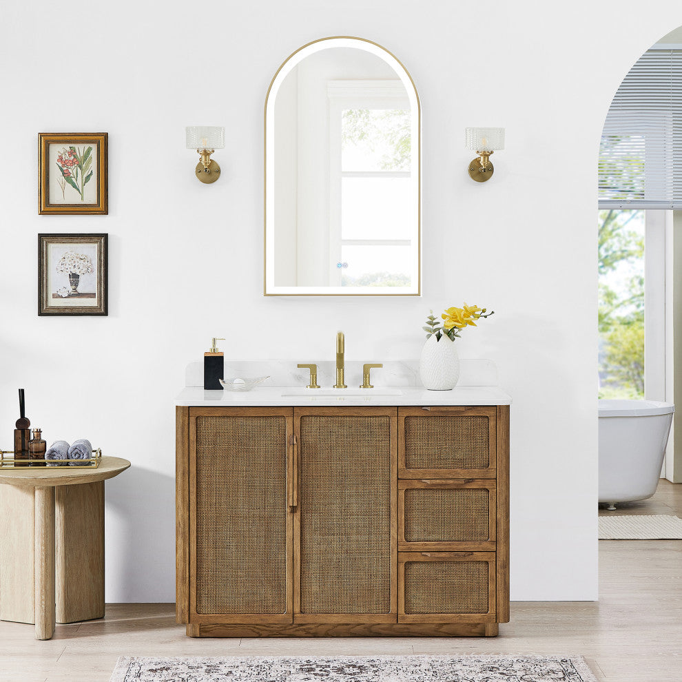 Busan Bath Vanity, Quartz Top No Mirror, Oak Classic Brown, 48", Single Vanity