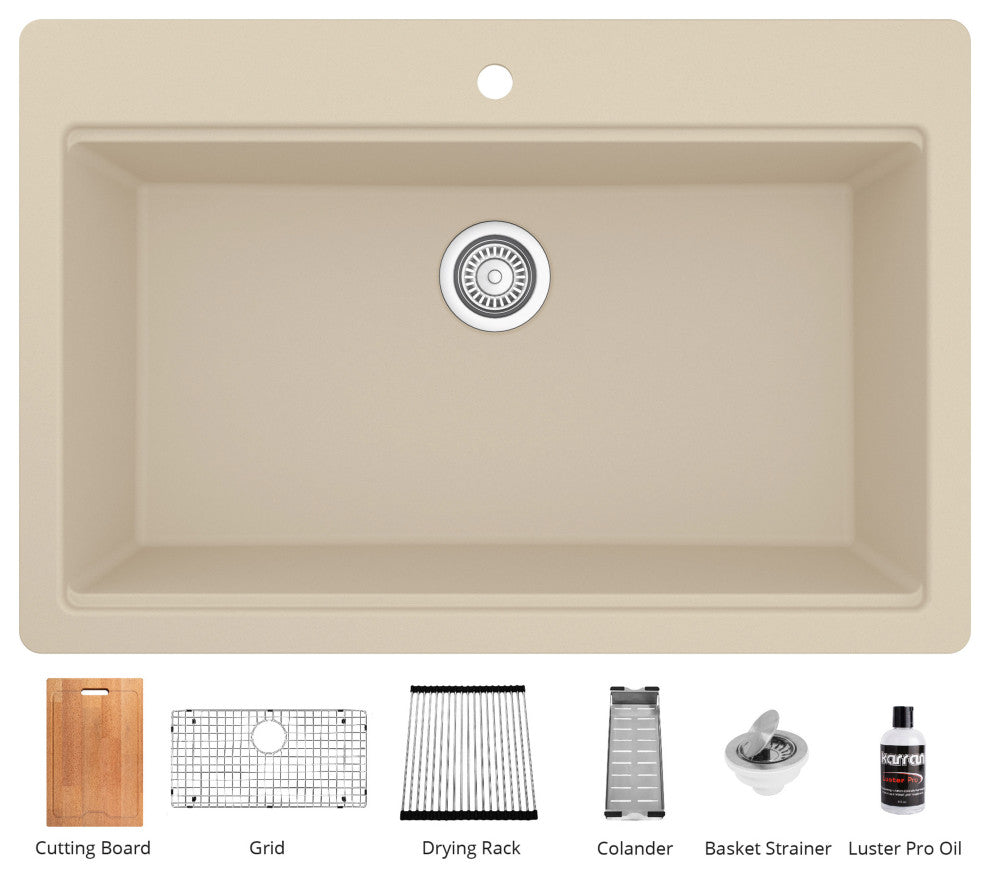 Karran Top Mount 33" Single Bowl Quartz Workstation Kitchen Sink, Bisque