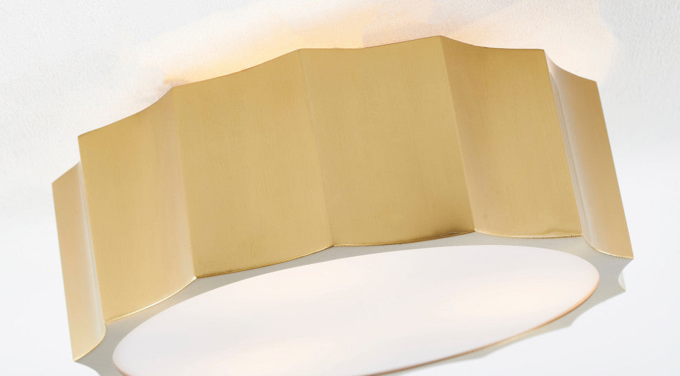 Iron Wave Flushmount Light With White Frosted Acrylic Cover, Brass