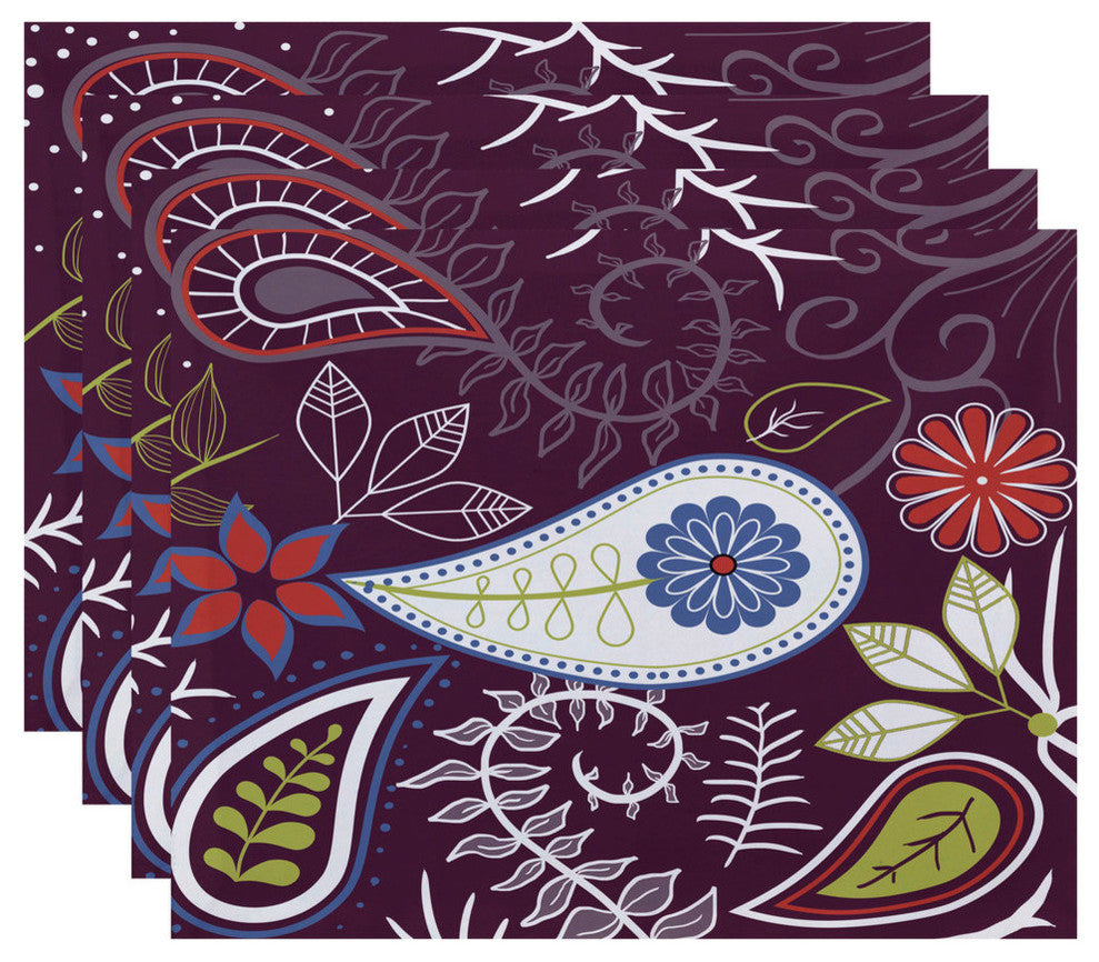 18"x14" Paisley Floral, Floral Print Placemat, Purple, Set of 4