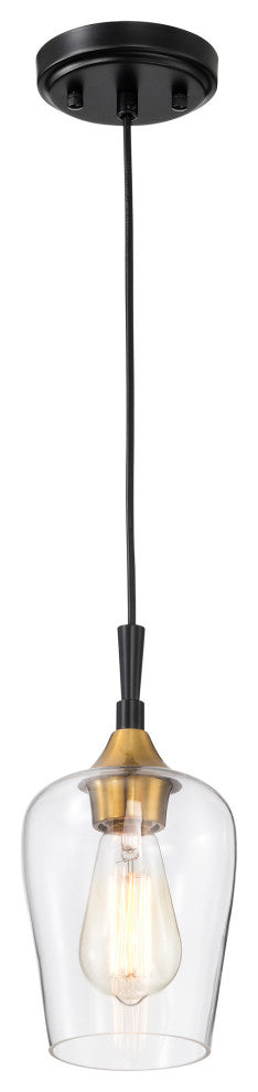 1-Light Black and Antique Brass Modern Mini Pendant With Clear Glass Shade