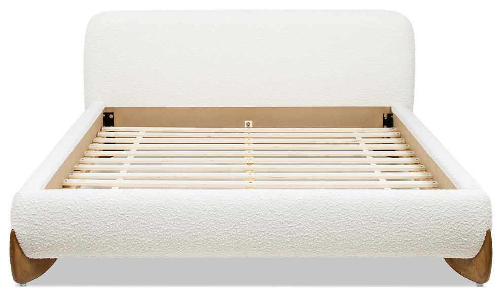 Alpine Sherpa Modern Platform Bed, Ivory White Boucle, Queen