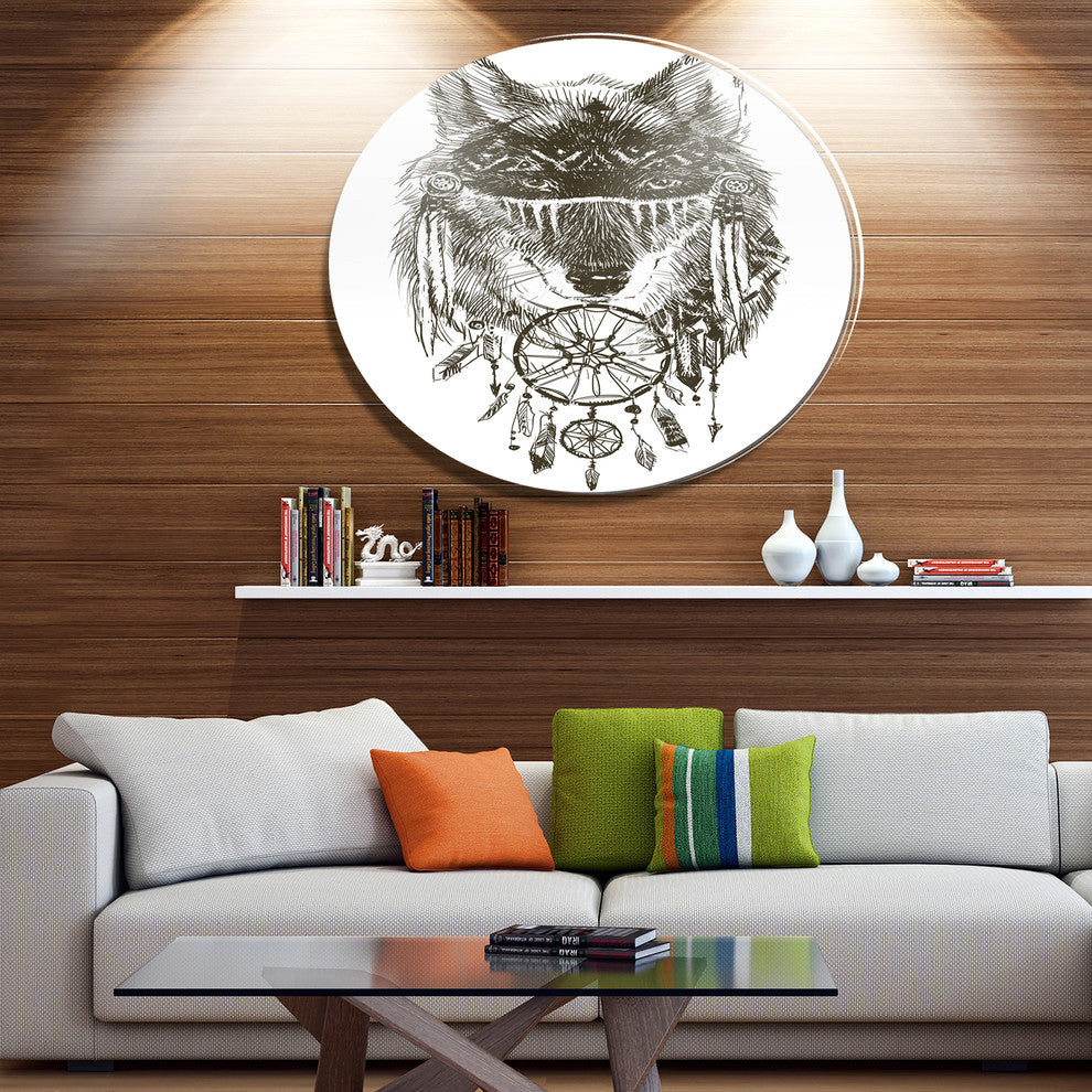 Funny Indian Wolf Warrior Watercolor, Animal Disc Metal Artwork, 23"