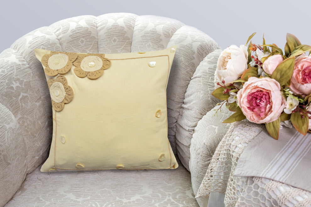 Beige Three-Flower Handwork Throw Pillow