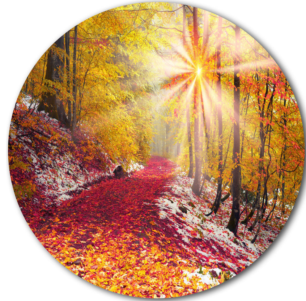 Bright Yellow Sun In Alpine Forest, Landscape Photo Round Wall Art, 38"