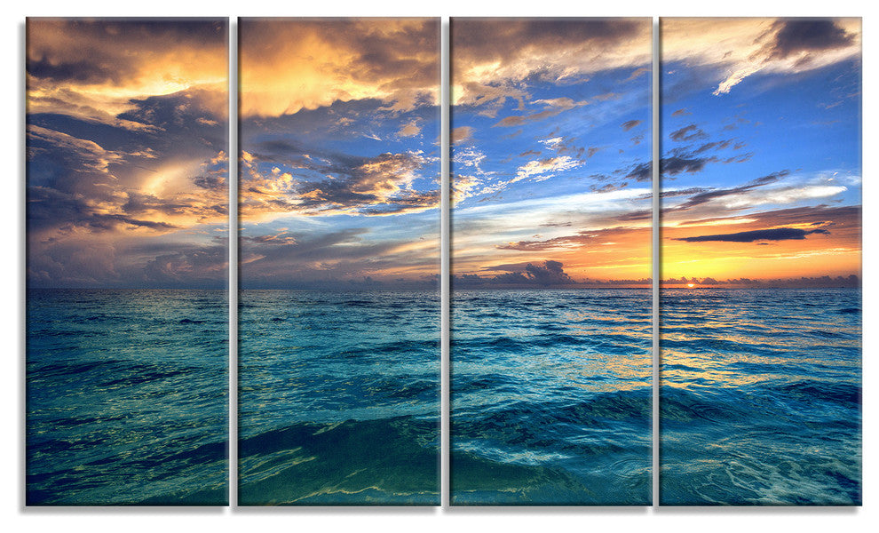 "Exotic Tropical Beach At Sunset" Modern Seashore Canvas Art, 4 Panels, 48"x28"