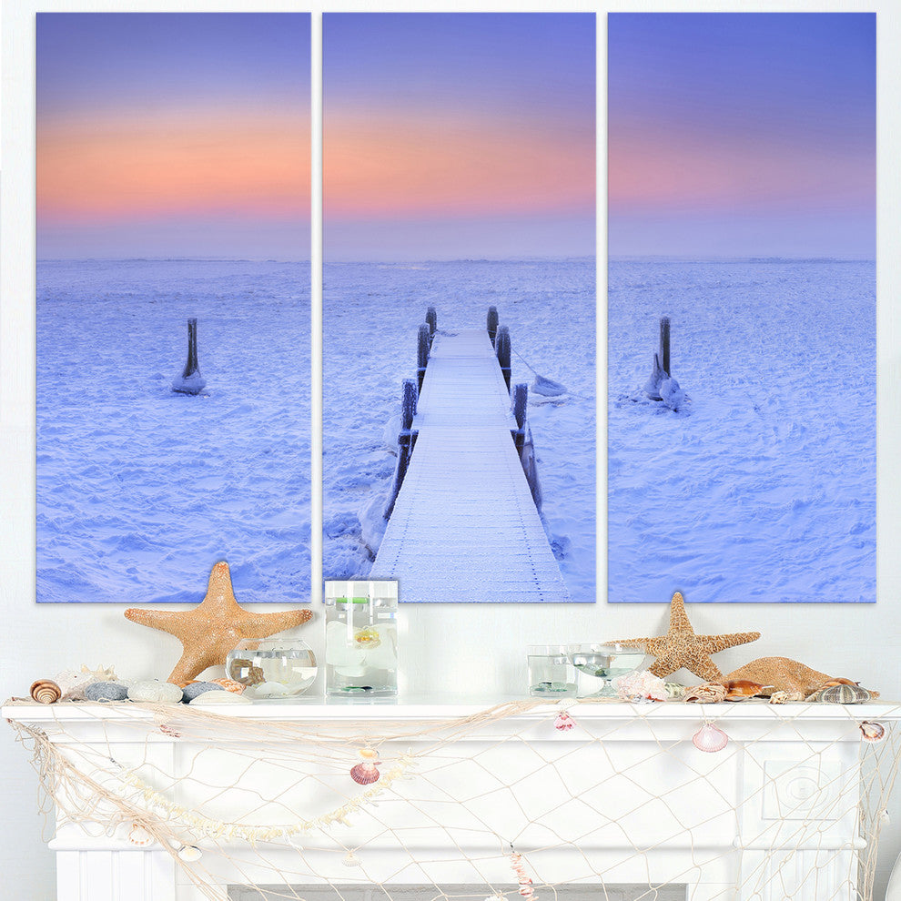 "Jetty in Frozen Lake Netherlands" Wooden Metal Wall Art, 3 Panels, 36"x28"