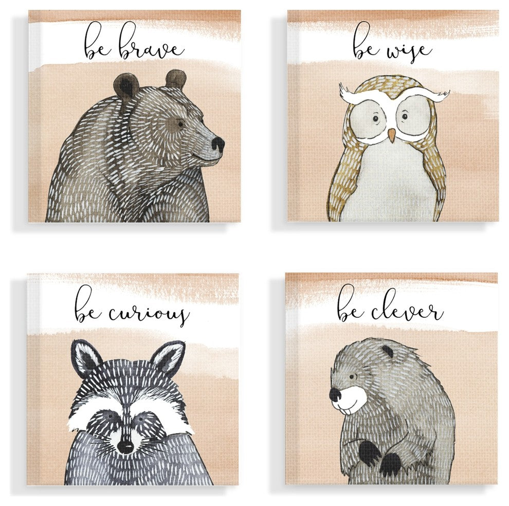 Brave Wise Curious Clever Woodland Animals 4-Piece Canvas Art Set, 7"x17"
