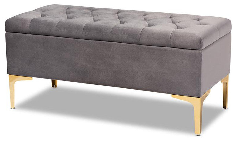 Grey Velvet Fabric Upholstered Gold Finished Button Tufted Storage Ottoman