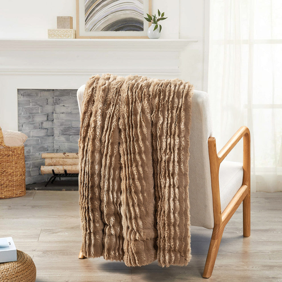 Wavy Faux Fur Throw Blanket, Tan
