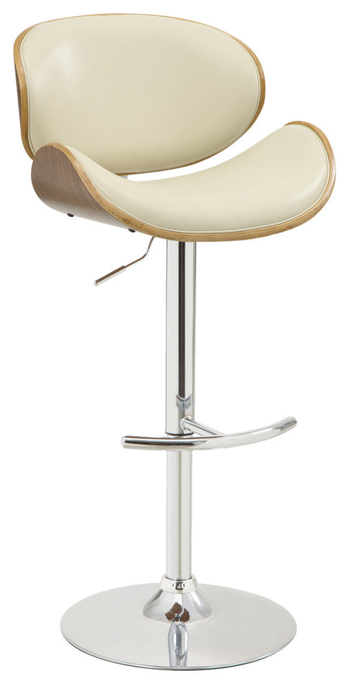 Donadio Swivel Barstool, Chrome With Cream Faux Leather & Walnut Veneer Back