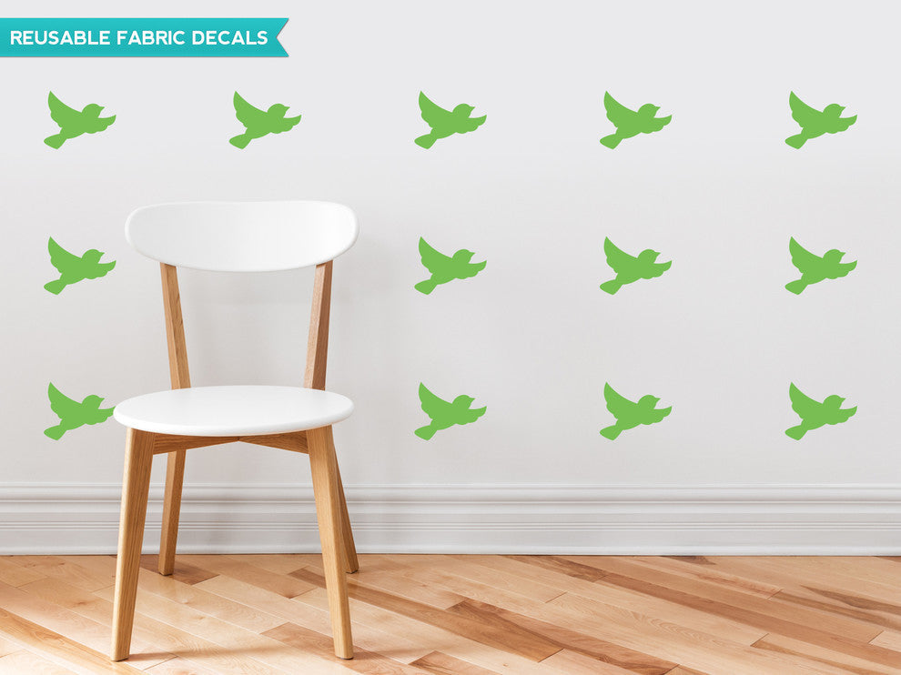 Birds Fabric Wall Decals, Set of 16 Birds, Green