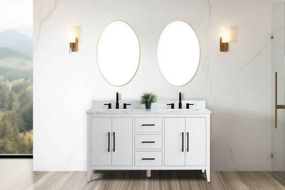 Vanity Art Bathroom Vanity With Sink, White, 60", Double Sink, Matte Black