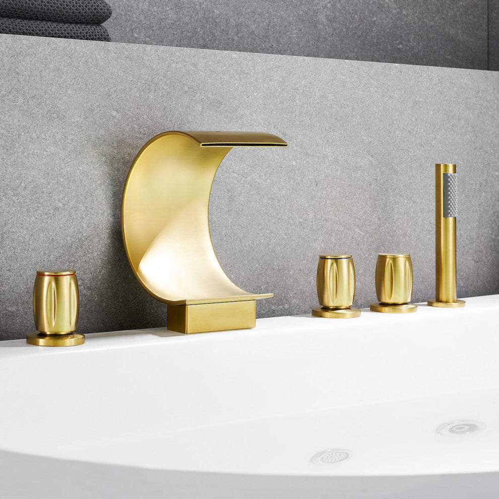 Recea Triple Handle Deck-Mount Roman Tub Faucet With Diverter and Handshower, Brushed Gold