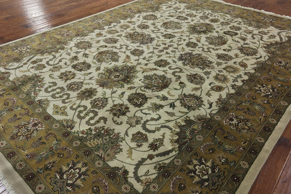 Oriental Herati Design 9'x12' Ivory Rajasthan Hand Knotted Wool Area Rug H8620