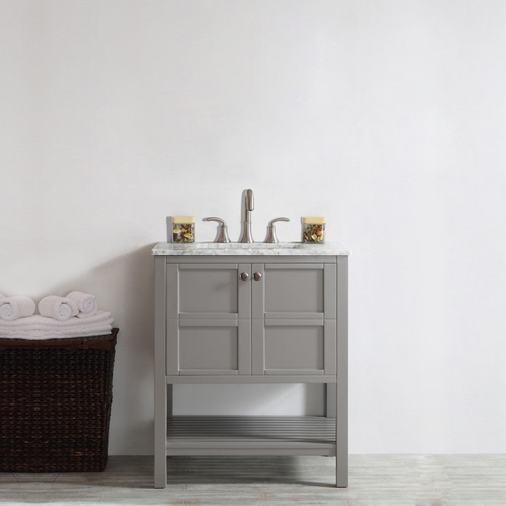 30" Single Vanity in Grey with Carrara White Marble Countertop Without Mirror