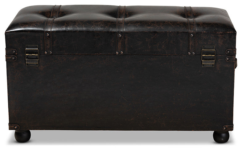 Distressed Dark Brown Faux Leather Upholstered 2-Drawer Storage Trunk Ottoman