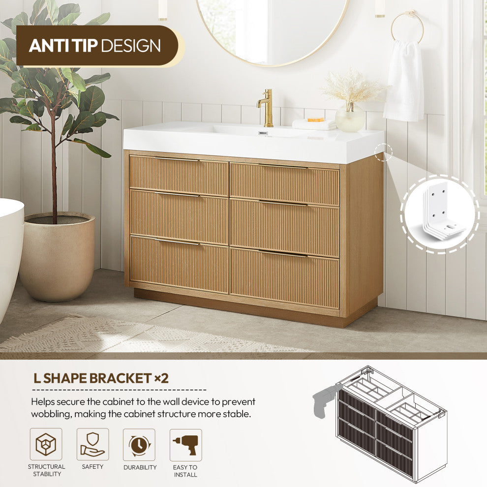 Hohhot Bath Vanity, Stone Sink Top No Mirror, Washed Ash Gray, 48", Single Vanity