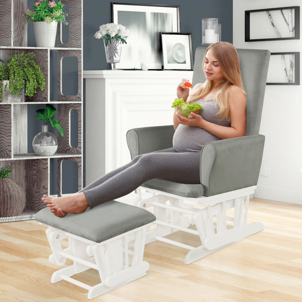 Costway Glider and Ottoman Cushion Set Wooden Baby Nursery Rocking Chair Grey