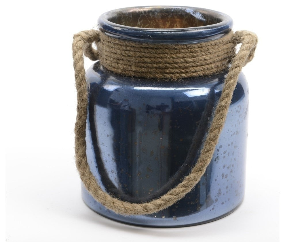 Glass Hurricane With Rope Handle, Blue, 9.5"