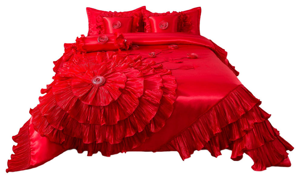 Red Rose Satin Ruffle Floral Romantic Victorian Comforter Bedding Set, King