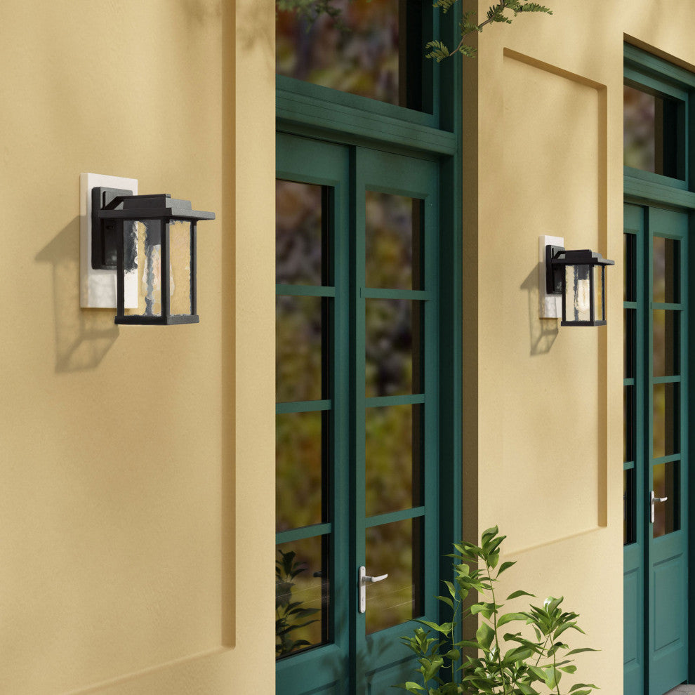 LNC 11-in Matte Black Water Proof Square Wall Sconce, Texutred Glass