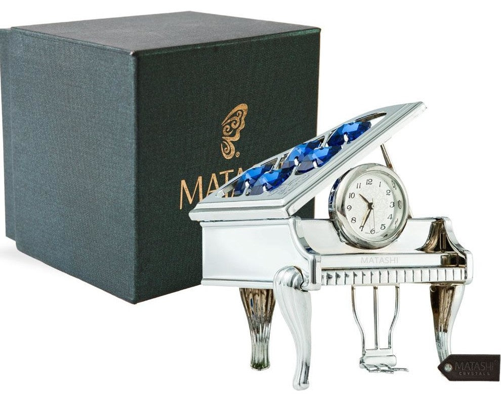 Chrome Plated Silver Vintage Piano Desk Clock With Blue Crystals