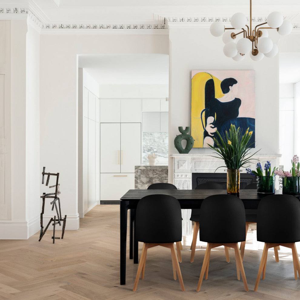 Set of 4 Modern Dining Side Chairs Molded Plastic With Round Back Wooden Legs, Black