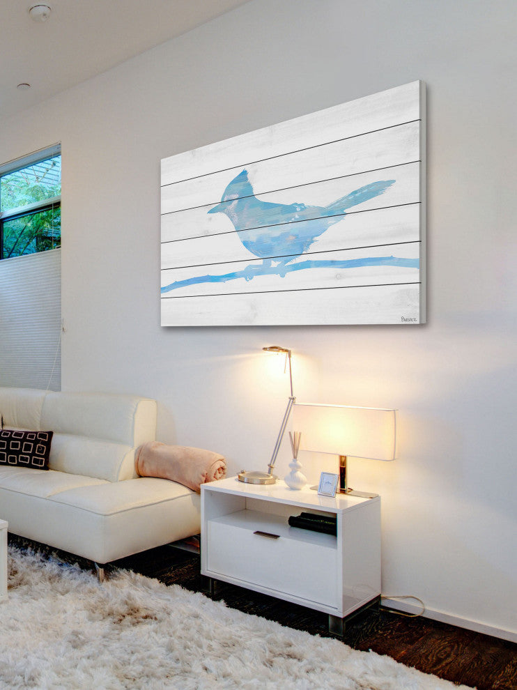 "Snow Jay" Print on White Wood, 36"x24"