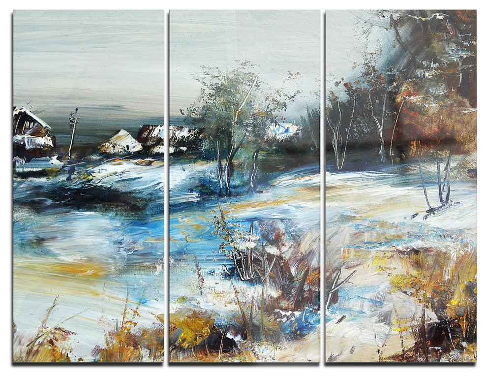 "Village in Winter" Glossy Metal Wall Art, 3 Panels, 36"x28"