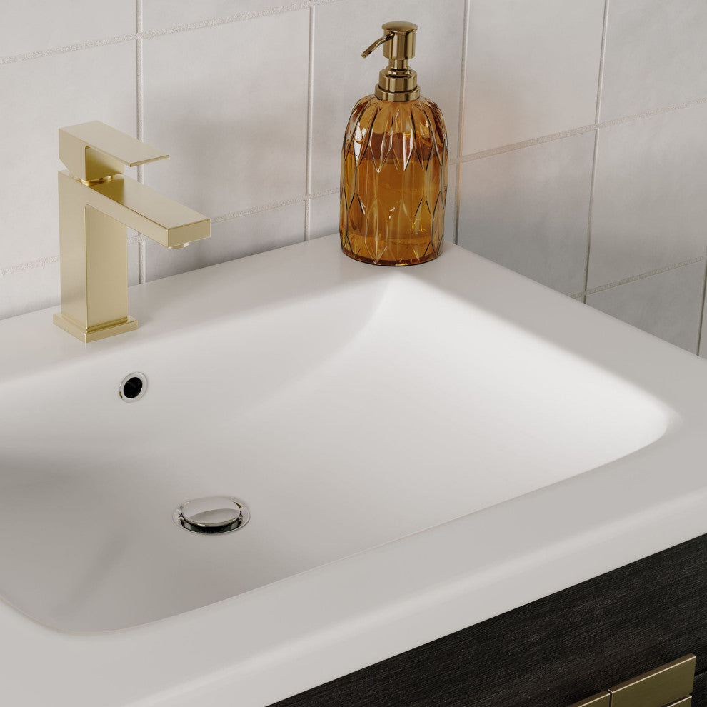 Lockhart Bath Vanity, Black Oak, 24", Satin Brass Hardware, Single Sink, Freestanding