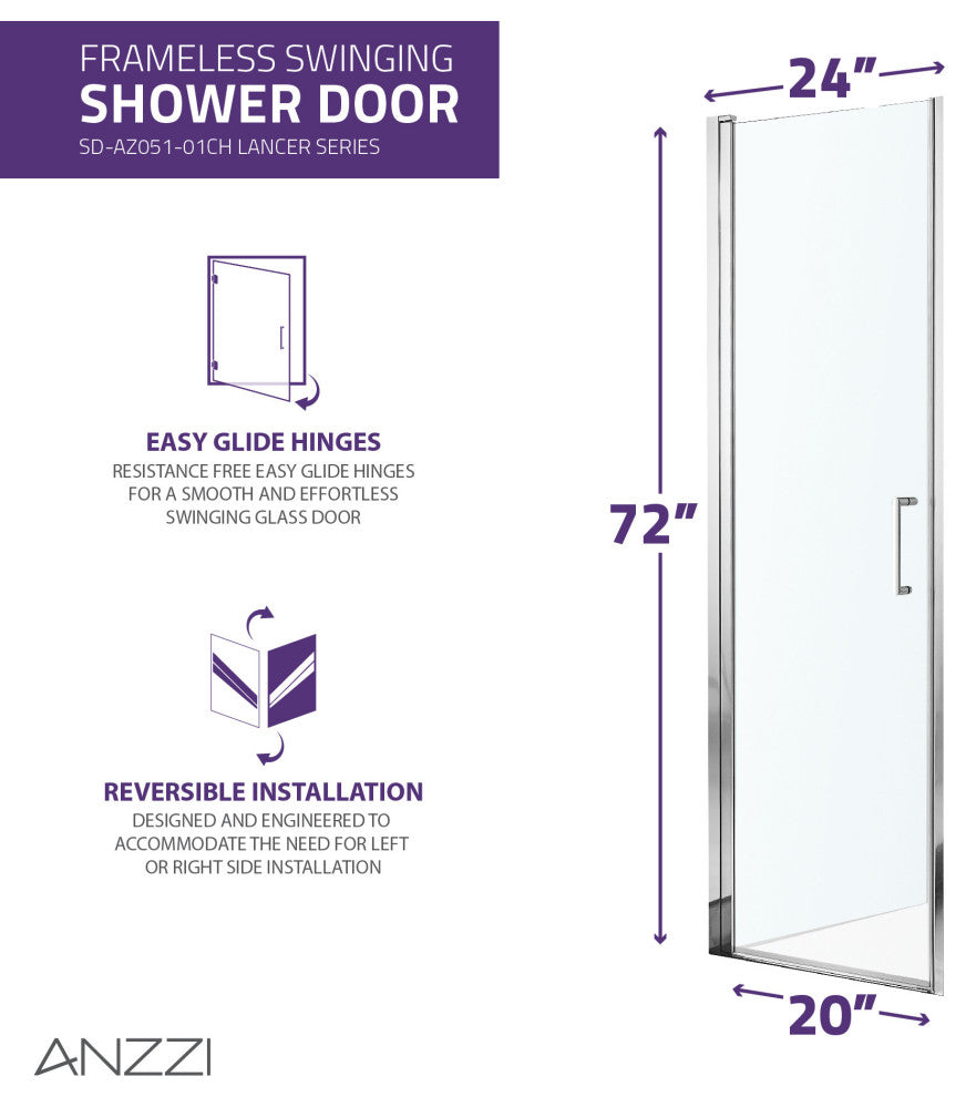 ANZZI Lancer Semi-Frameless Hinged Shower Door, Polished Chrome, 23" X 72"